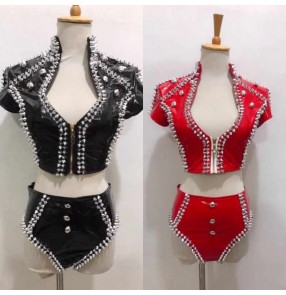 Women black red rivet leather jazz dance costumes glitter modern dance wear carnival party band gogo dancers dj ds nightclub hot pole dance outfits for female